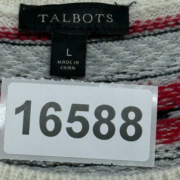 Talbots Sweater Womens Large Cream Red Lambswool Blend Fair Isle Nordic Hearts - Picture 9 of 9